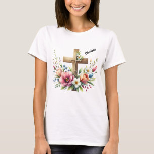 Camiseta Cruz cristiana con un acuerdo floral vibrante