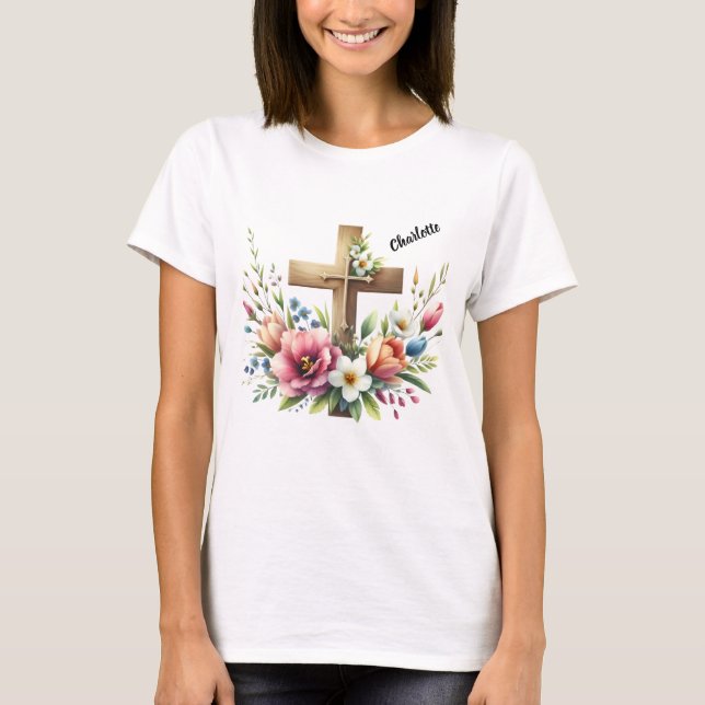 Camiseta Cruz cristiana con un acuerdo floral vibrante (Anverso)