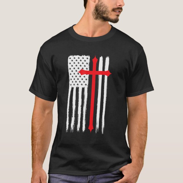 Camiseta Cruz Cristiana Ee.Uu. Bandera Estadounidense Relig (Anverso)
