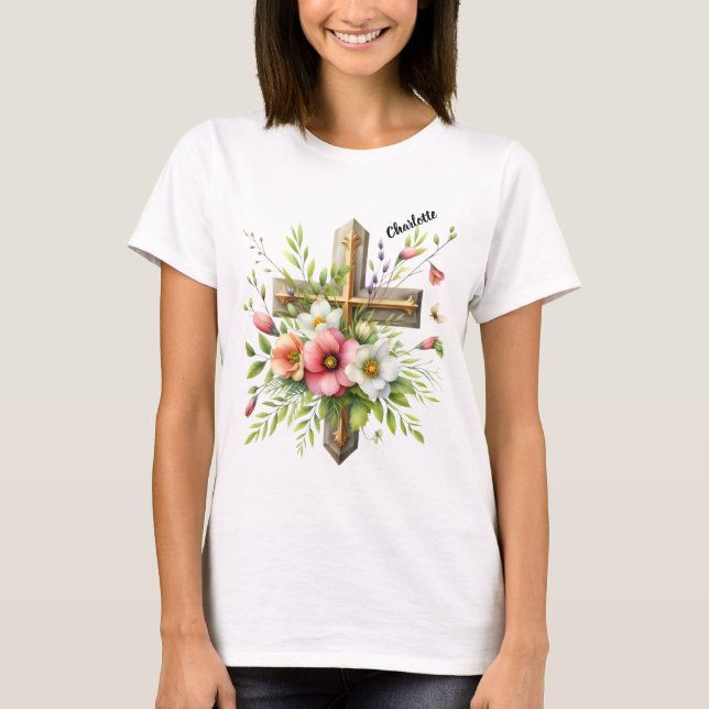 Camiseta Cruz cristiana resaltada por Halo de la Primavera  (Anverso)
