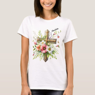 Camiseta Cruz Cristiana resaltada por un halo floral de pri