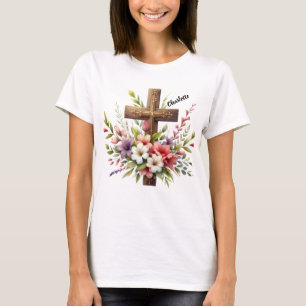 Camiseta Cruz cristiana rodeada de bello arte floral