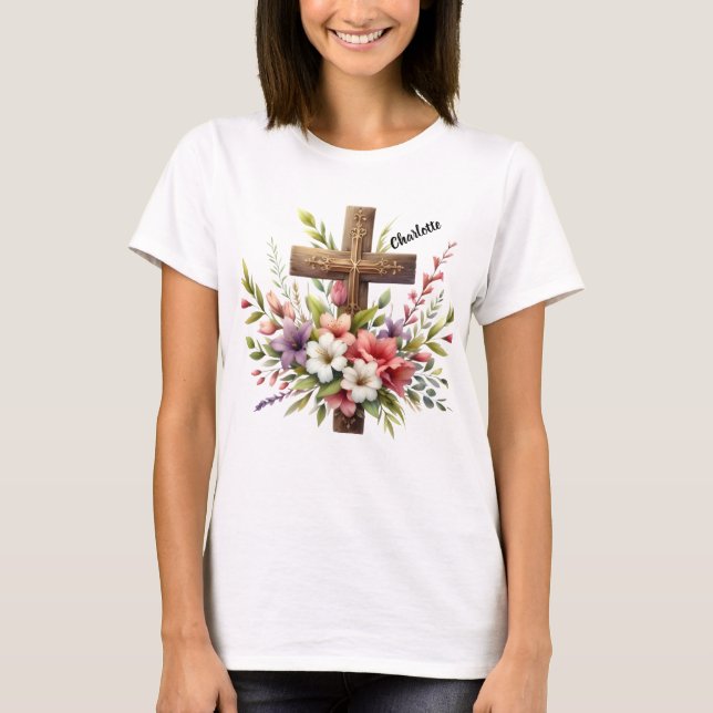 Camiseta Cruz cristiana rodeada de bello arte floral (Anverso)