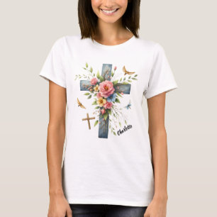 Camiseta Cruz Cristiana Rodeada de Delicados Primavera Flor