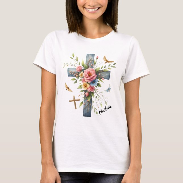 Camiseta Cruz Cristiana Rodeada de Delicados Primavera Flor (Anverso)