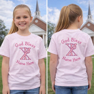 Camiseta Cruz cristiana rosa Chi Ro nombre Dios bendiga niñ
