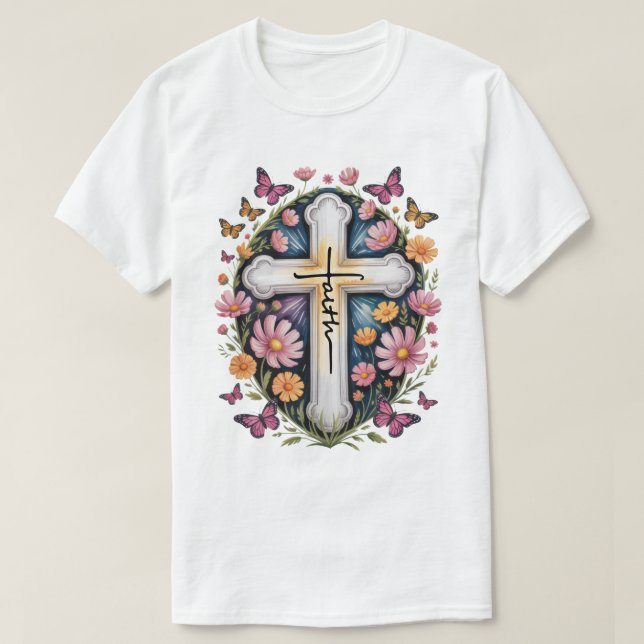 Camiseta Cruz de fe floral (Diseño del anverso)