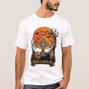 Camiseta Cruz de Halloween Lápida Calavera Calabaza Gato Ne
