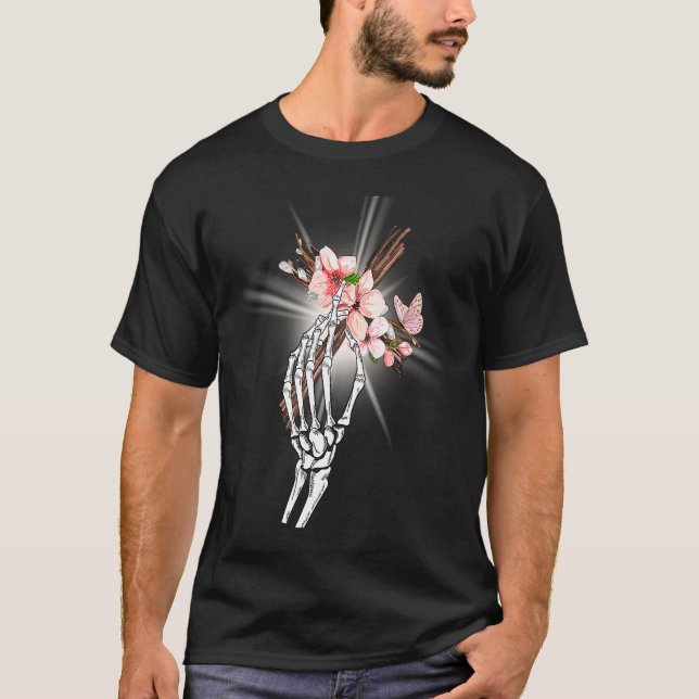 Camiseta Cruz de la mano del esqueleto con flores Espiritua (Anverso)
