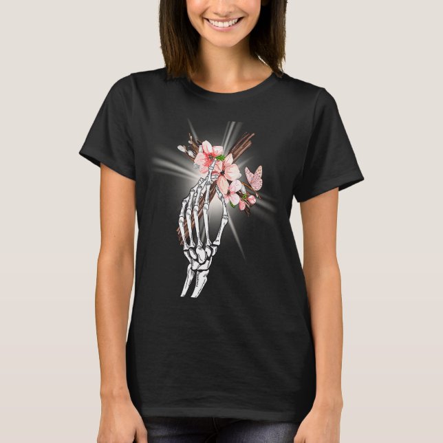 Camiseta Cruz de la mano del esqueleto con flores Espiritua (Anverso)