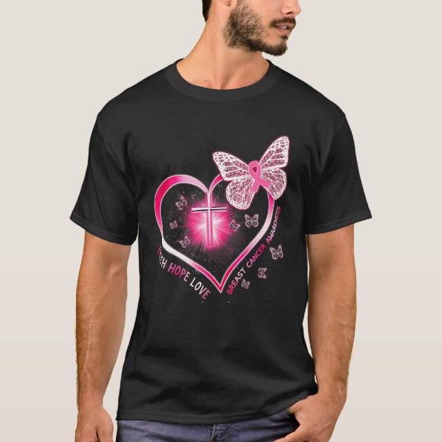 Camiseta Cruz de Mariposa Rosa Fe Esperanza Amor Cáncer de  (Anverso)