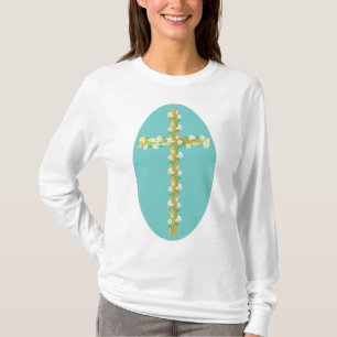 Camiseta Cruz de Pascua de Oro Elegante con Lirios Blancos