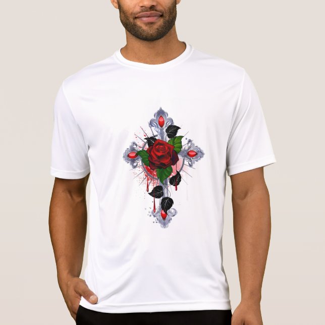 Camiseta Cruz de Plata con una Rosa Roja (Anverso)