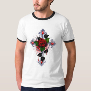 Camiseta Cruz de Plata con una Rosa Roja