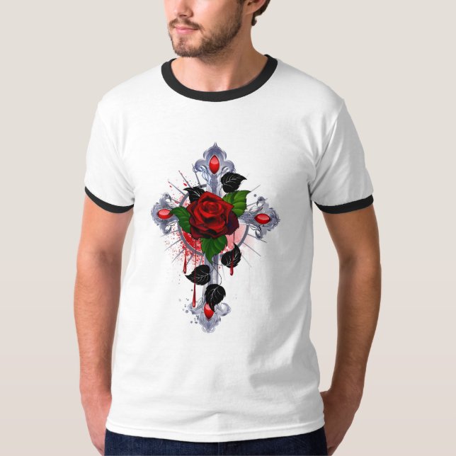 Camiseta Cruz de Plata con una Rosa Roja (Anverso)