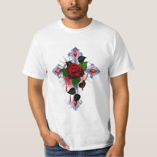 Camiseta Cruz de Plata con una Rosa Roja