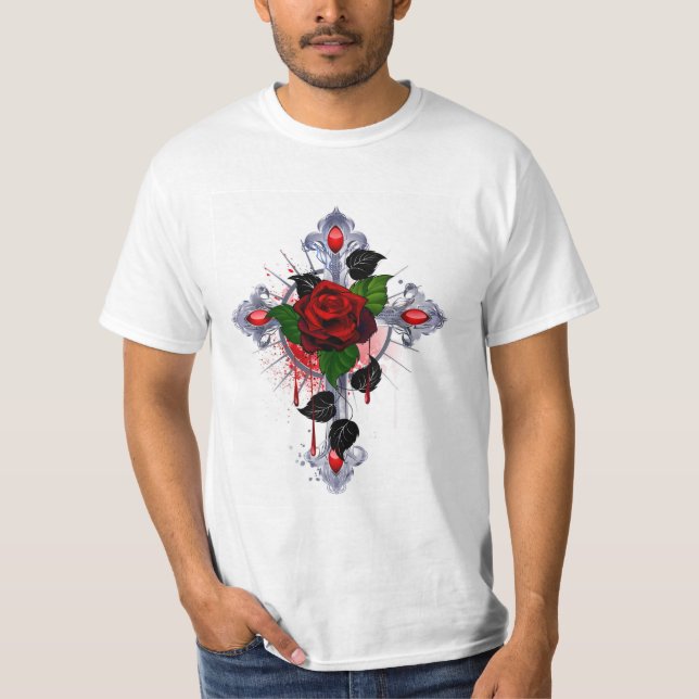 Camiseta Cruz de Plata con una Rosa Roja (Anverso)