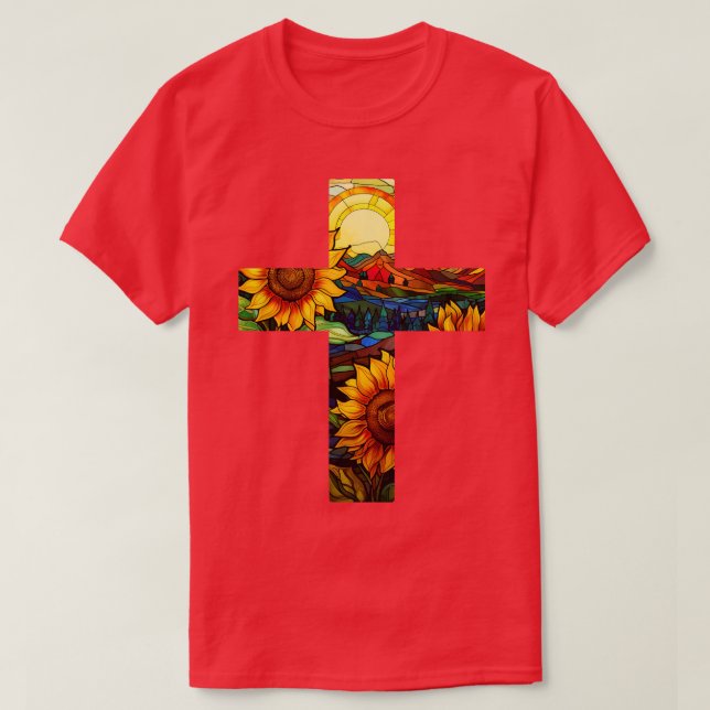 Camiseta Cruz de vidrio manchado de girasol (Diseño del anverso)