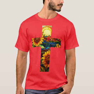 Camiseta Cruz de vidrio manchado de girasol