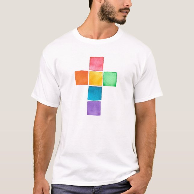 Camiseta Cruz del arco iris, cuadrados de la acuarela (Anverso)