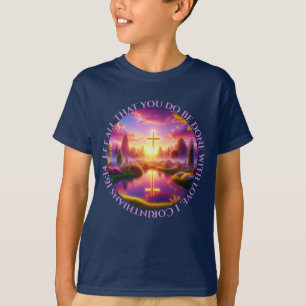 Camiseta Cruz dorada en un jardín tropical celestial