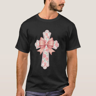 Camiseta Cruz floral con lazo Fe cristiana Pascua Primavera