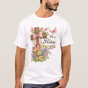 Camiseta Cruz floral cristiana - Él ha resucitado Religiosa
