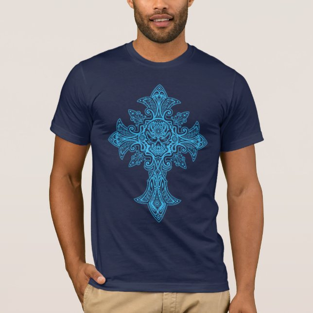 Camiseta Cruz gótica del cráneo (azul marino) (Anverso)