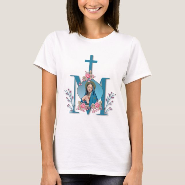 Camiseta Cruz Maria Católica Virgen María Rosa Roses (Anverso)