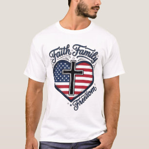 Camiseta Cruz Patriótica Libertad Familia Fe Coraz