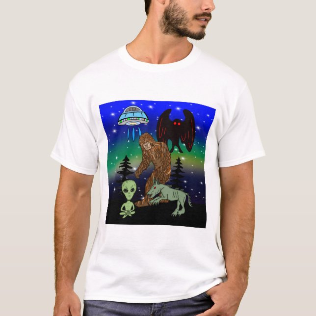 Camiseta Cryptid Big Foot Alien Mothman UFO Chupacabra (Anverso)