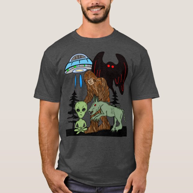Camiseta Cryptid Big Foot Alien Mothman UFO Chupacabra (Anverso)