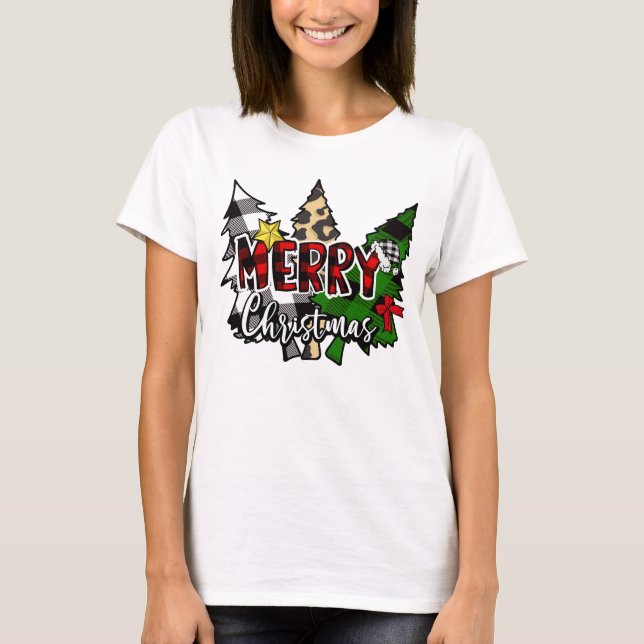 Camiseta Cuadro de Búfalo Feliz Navidad con Pino (Anverso)