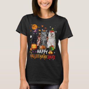 Camiseta Cuato Gato Halloween Feliz Navidad Hallothan