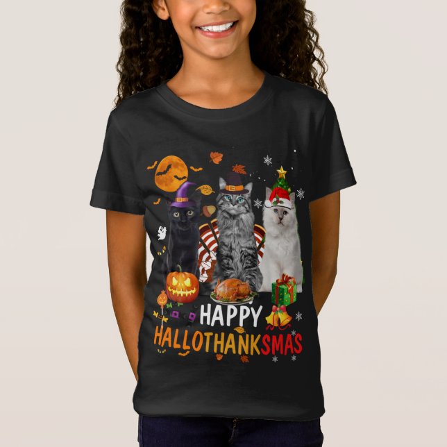 Camiseta Cuato Gato Halloween Feliz Navidad Hallothan (Anverso)
