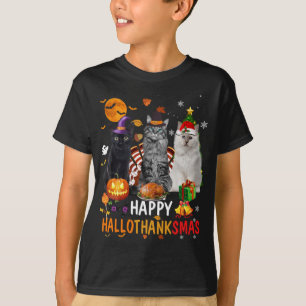 Camiseta Cuato Gato Halloween Feliz Navidad Hallothan