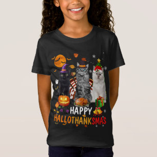 Camiseta Cuato Gato Halloween Feliz Navidad Hallothan