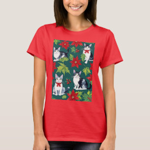 Camiseta Cuatro gatos de Navidad y poinsettias