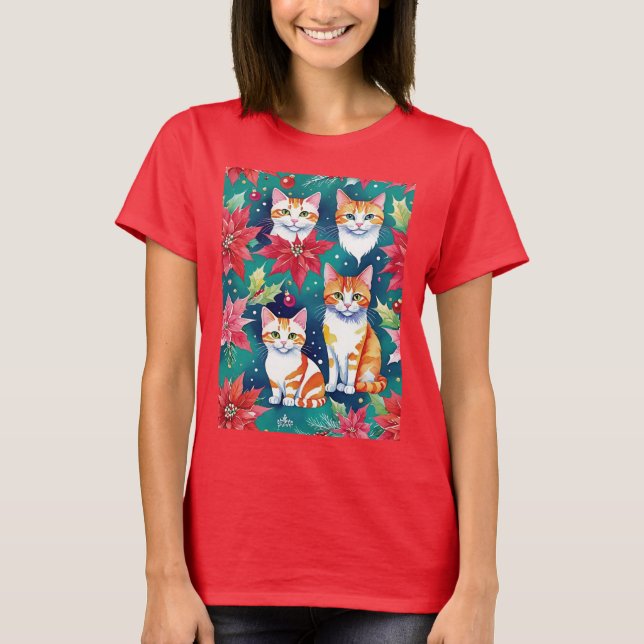 Camiseta Cuatro Navidades Tabby Gatos Con Poinsettias (Anverso)