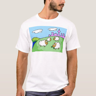 Camiseta Cuatro ovejas en una colina. Ropa oscura y ligera