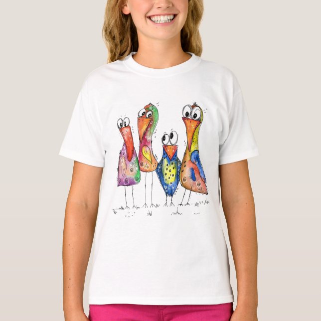 Camiseta Cuatro pájaros coloridos y mullidos (Anverso)