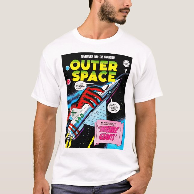 Camiseta Cubierta de cómics de Retro Sci-Fi Adventure Space (Anverso)