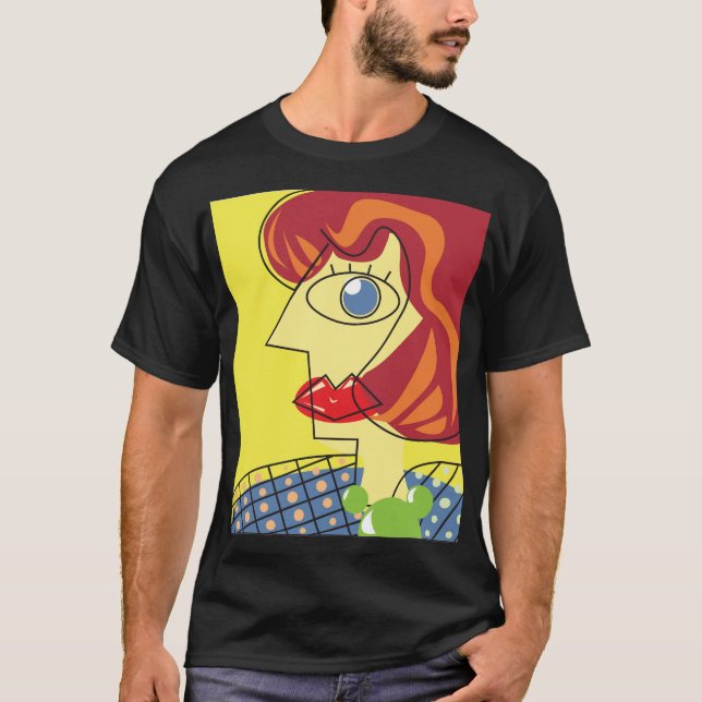 Camiseta Cubismo colorido: arte retrato femenino. (Anverso)