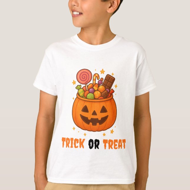 Camiseta Cubo de calabaza lleno de dulces - Halloween (Anverso)