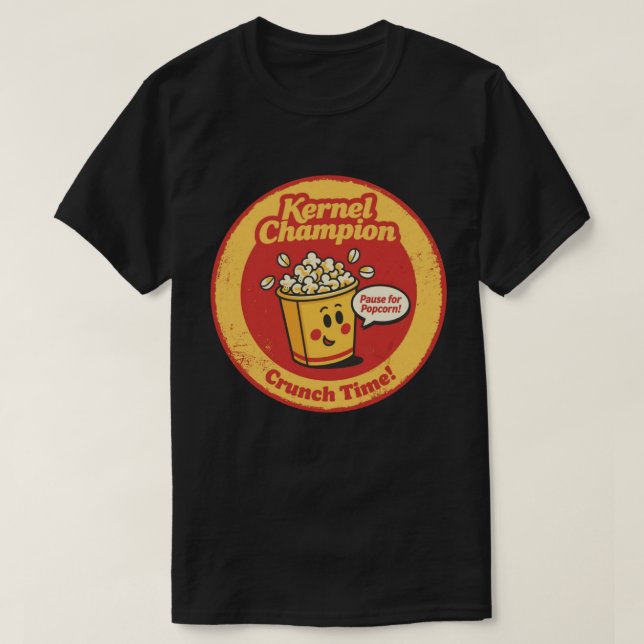 Camiseta Cubo de palomitas de dibujos animados "Kernel Cham (Diseño del anverso)
