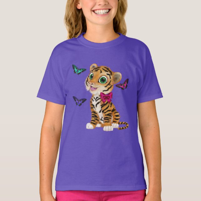 Camiseta Cubo de tigre blanco con soplo rosado y mariposas (Anverso)