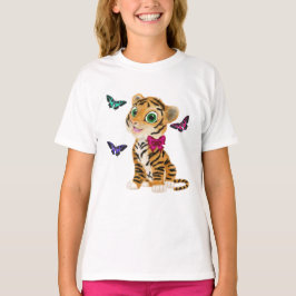 Camiseta Cubo de tigre blanco con soplo rosado y mariposas