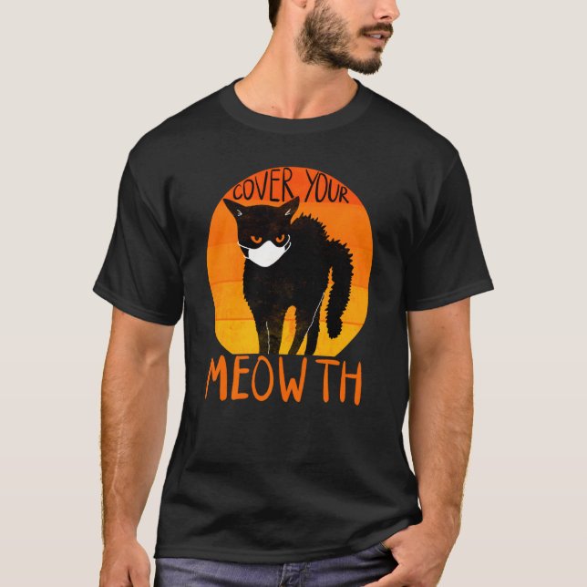 Camiseta Cubra su boca Meoweau Funny Halloween Gato Negro (Anverso)