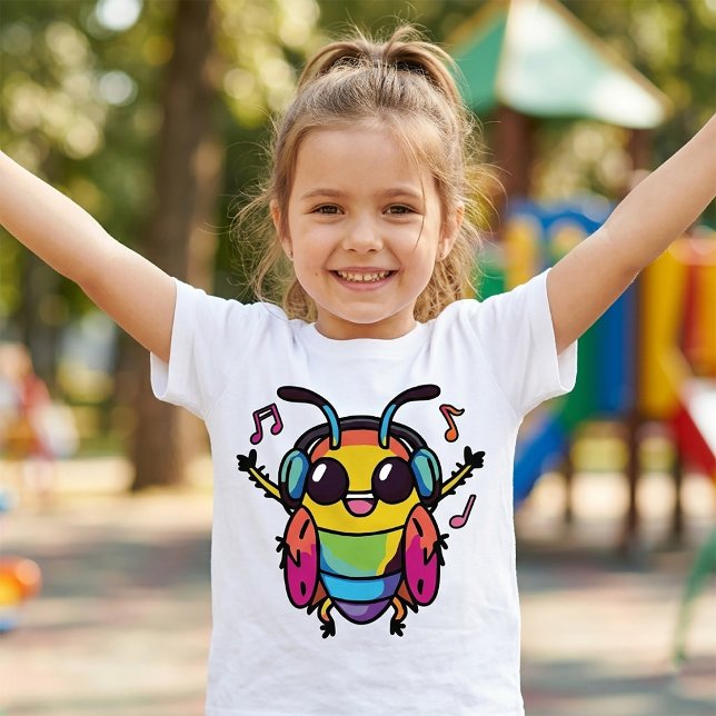 Camiseta Cucaracha feliz con auriculares escuchando música (Happy cockroach with headphones listening to music. Girl Basic White T-Shirt)