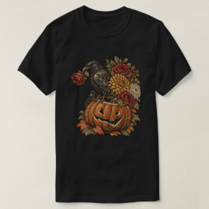 Camiseta Cuervo Antiguo sobre Calabaza con Flores de Otoño